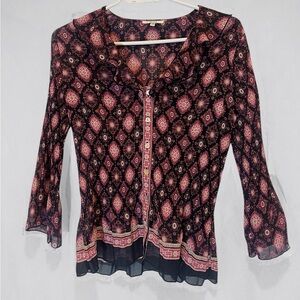 Vintage Nicola Pleated Flare Boho Geometric Blouse Semi Sheer Diamond Button Up